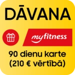 MyFitness 90 dienu karte 210 € vērtībā dāvanā — piedāvājums uz dzeltena fona.