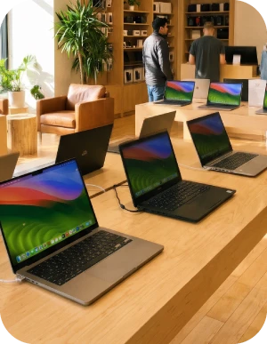 Portatīvo datoru ekspozīcija elektronikas veikalā, moderni portatīvie datori darbam, mācībām un ikdienas lietošanai ar dažādiem tehniskajiem parametriem.
