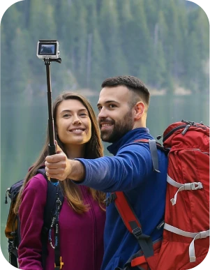 Sieviete un vīrietis ar mugursomām stāv pie ezera, fonā koki. Vīrietis tur pašbilžu nūju ar piestiprinātu kameru, lai uzņemtu foto.