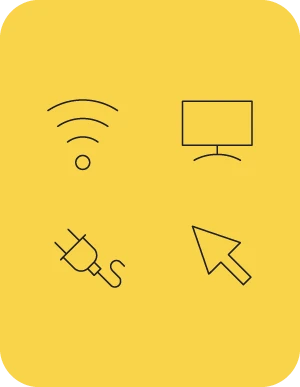 Dzeltena fona attēls ar četriem melniem simboliem: Wi-Fi signāls, monitors, elektrības kontaktdakša un peles kursors.