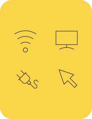 Dzeltena fona attēls ar četriem melniem simboliem: Wi-Fi signāls, monitors, elektrības kontaktdakša un peles kursors.