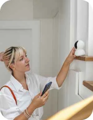 Sieviete baltā kreklā tur rokās mobilo telefonu un pieskaras nelielai video novērošanas kamerai, kas novietota uz plaukta pie sienas, fons gaišs.