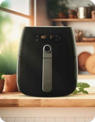 Melns karstā gaisa friteris ar digitālo displeju, kas iestatīts uz 180°C un 2 minūtēm, novietots uz virtuves galda, fonā virtuves piederumi.