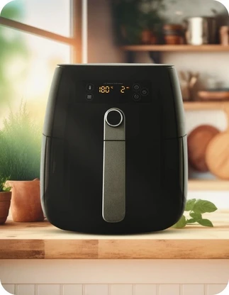 Melns karstā gaisa friteris ar digitālo displeju, kas iestatīts uz 180°C un 2 minūtēm, novietots uz virtuves galda, fonā virtuves piederumi.