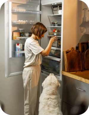 Cilvēks gaišā apģērbā stāv pie atvērta ledusskapja un skatās tajā iekšā, blakus stāv liels, balts suns un skatās uz cilvēku.