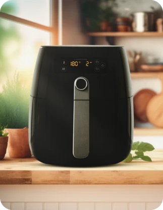 Melns karstā gaisa friteris ar digitālo displeju, kas iestatīts uz 180°C un 2 minūtēm, novietots uz virtuves galda, fonā virtuves piederumi.