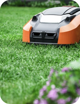 Oranžs zāles pļāvējs robots uz zaļa zāliena ar purpursarkaniem ziediem priekšplānā.