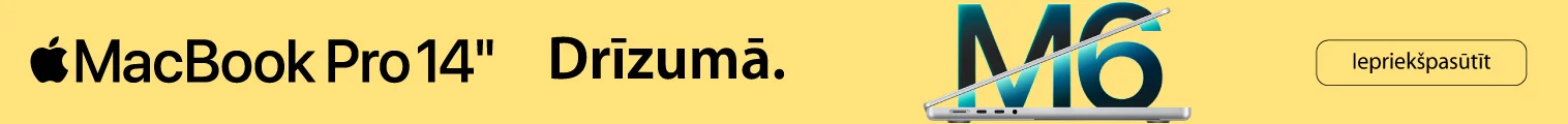 Apple MacBook Pro 14″ ar M6 mikroshēmu uz gaiši dzeltena fona. Pārdošanā no 6. novembra plkst. 8.00, cena no 2359 € vai nomaksā no 170,93 € mēnesī. Brīdinām! Aizņemšanās maksā naudu.