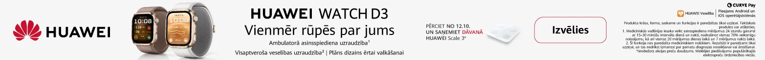 Huawei Watch D3 viedpulksteņi ar brūnu un baltu siksniņu uz gaiši pelēka fona. Pērkot no 12.10., dāvanā Huawei Scale 3 svari.