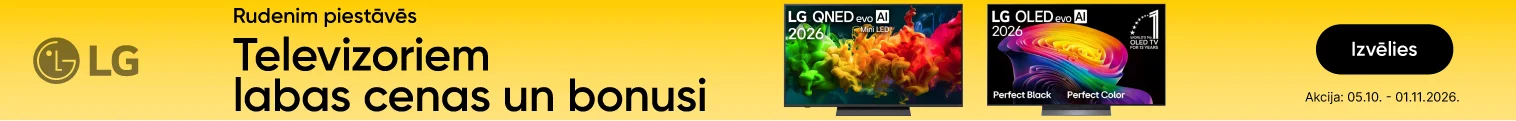 LG 55 collu televizori: QNED evo AI Mini-LED QNED8E 2026 par 441 € un OLED evo AI C61 4K par 1119 € iepriekšējo 1368 € vietā. Akcija no 2026. gada 5. oktobra līdz 1. novembrim.