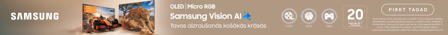 Pērkot Samsung 2026. gada OLED vai Micro RGB televizoru ar Vision AI, saņem dāvanu atkarībā no modeļa: skaņas joslu, putekļsūcēju vai skaļruni. Akcija no 2026. gada 5. oktobra līdz 1. novembrim.