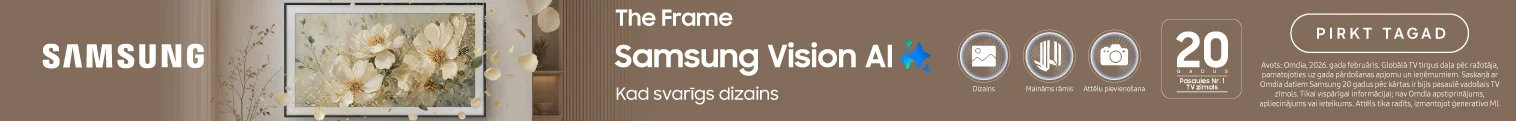 Samsung The Frame televizors ar Samsung Vision AI — dizains, maināms rāmis un attēlu pievienošana. Ekrānā ziedu mākslas darbs.