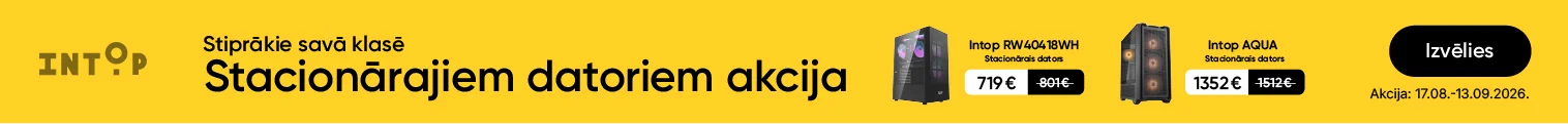 Intop stacionāro datoru akcija ar spēļu un veiktspējas datoriem. Piedāvājumā Intop RW40418WH par 719 € un Intop AQUA par 1352 €.