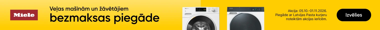 Miele veļas mašīnas un žāvētāji ar bezmaksas piegādi. Akcijas piedāvājumi Miele WWA120 WCS Active 8 kg par 469 € un Miele WQ 1000 WPS Nova Edition par 1999 €.