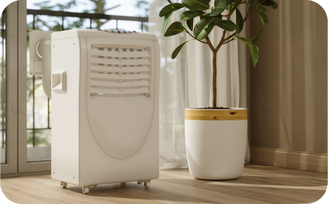 Balts mobilais gaisa kondicionieris novietots uz koka grīdas blakus podam ar zaļu augu; fonā stikla durvis ar skatu uz ārpusi.