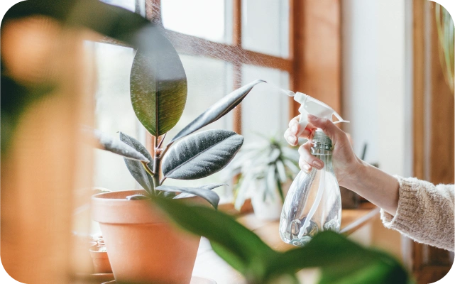 Roka ar caurspīdīgu smidzinātāja pudeli apsmidzina telpaugu brūna māla podā ar lielām, tumši zaļām lapām, kas novietots uz palodzes; fonā logs ar koka rāmi un citi augi.