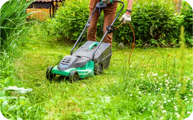 Cilvēks stumj elektrisko zāles pļāvēju ar vien roku ieturot oranžu pagarinātāju, pļaujot zālienu dārzā; fonā augi un krūmi.