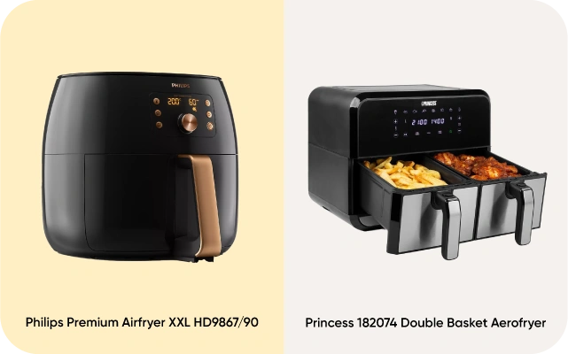 Divi karstā gaisa friteri — pa kreisi melns Philips Premium Airfryer XXL HD9867/90 ar zelta rokturi, pa labi Princess 182074 Double Basket Aerofryer ar divām atsevišķām tvertnēm, kurās ir frī kartupeļi un vistu spārni.