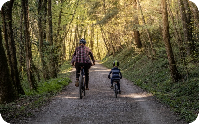 Pieaugušais un bērns ar ķiverēm galvā brauc ar velosipēdiem pa meža taku, apkārt aug koki un saules gaisma filtrējas caur koku lapotni.