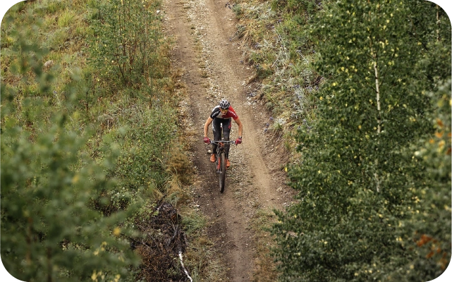 Skats no putna lidojuma uz velobraucēju ar ķiveri galvā, kas brauc pa zemes taku cauri mežam, apkārt koki un krūmi.
