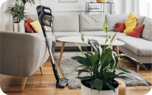 Viesistaba ar gaiši pelēku stūra dīvānu, uz kura novietoti sarkani un dzelteni spilveni; pie dīvāna atstutēts bezvadu putekļsūcējs, priekšplānā zaļš telpaugs, koka grīda un gaiši pelēks paklājs.