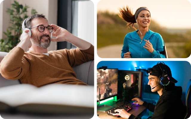 Kolāža ar trim ainām: kreisajā pusē vīrietis klausās mūziku ar bezvadu austiņām uz dīvāna, augšējā labajā stūrī sieviete skrien dabā zilā sporta jakā ar austiņām ausīs, apakšējā labajā stūrī – puisis spēlē videospēles pie datora ar diviem monitoriem un austiņām ar mikrofonu.