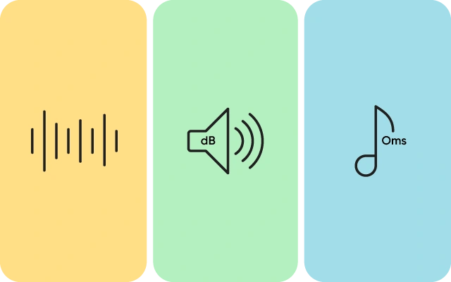 Grafisks attēls ar trīs vertikāliem taisnstūriem – skaņas viļņi uz dzeltena fona, skaļruņa ikona ar 'dB' uz zaļa fona, un nots simbols ar 'Oms' uz zila fona.