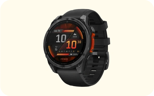Melns Garmin Fenix 8 sporta viedpulkstenis ar apaļu ekrānu, kurā redzams laiks 10:38, soļu skaits 10K, kalorijas 3428 un sirdsdarbības ātrums 52.