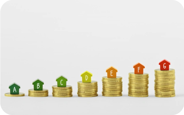 Zelta monētu kaudzes pieaugošā secībā ar dažādas krāsas ikonām un burtiem no A līdz G, kas attēlo energomarķējuma skalu.