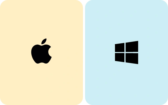 Divas operētājsistēmas - Apple logotips uz gaiši dzeltena fona, Windows logotips uz gaiši zila fona.
