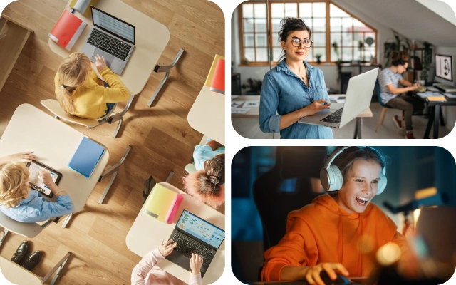 Kolāža ar trim darba vidēm: kreisajā pusē skats no augšas uz mācību klasi, kur personas strādā pie portatīvajiem datoriem vai planšetdatoriem, labajā augšējā stūrī sieviete ar portatīvo datoru rokās, fonā vīrietis sēž pie galda ar datoru uz tā, apakšējā stūrī jaunietis ar lielām austiņām uz ausīm sēž pie datora ekrāna ar peli rokā tumšā telpā.