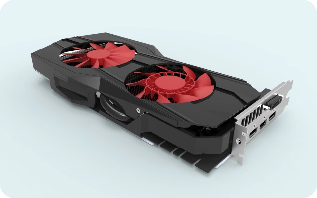 Grafiskā videokarte ar diviem sarkaniem ventilatoriem un melnu korpusu, paredzēta datoru veiktspējas uzlabošanai– spēļu un profesionālai lietošanai.