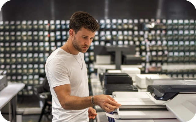 Vīrietis gaišā apģērbā stāv pie printera un pārbauda to. Fonā vairāki galdi uz kuriem novietoti printeri un citas drukas iekārtas.