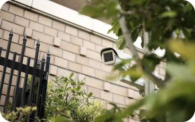 Video novērošanas kamera uzstādīta pie gaišas ķieģelu ēkas sienas, kuru nedaudz aizsedz koku un krūmu lapas, kreisajā pusē metāla žogs.