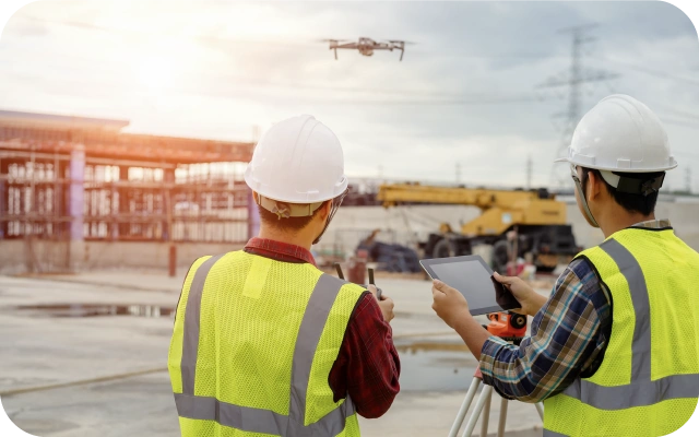 Divi vīrieši ar ķiverēm un atstarojošām vestēm būvlaukumā; viens tur planšetdatoru, otrs – drona tālvadības pulti; fonā nepabeigta ēka, celtnis un lidojošs drons.