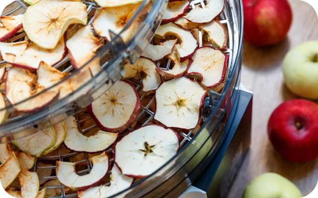 Augļu žāvētājs ar plauktiem, kuros žāvējas ābolu šķēles; blakus uz galda novietoti svaigi sarkani un zaļi āboli.