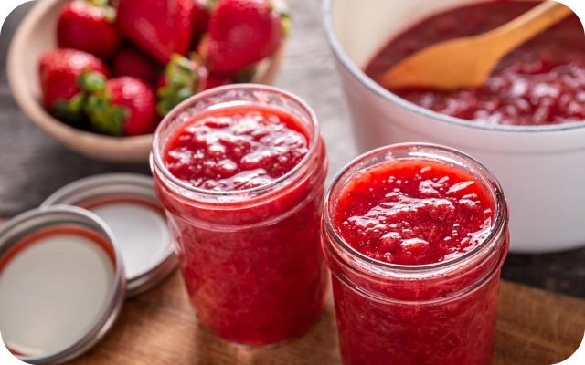 Divas burkas ar svaigi pagatavotu zemeņu ievārījumu uz koka dēļa, blakus vāciņi, fonā bļoda ar zemenēm un katls ar ievārījumu un koka karoti