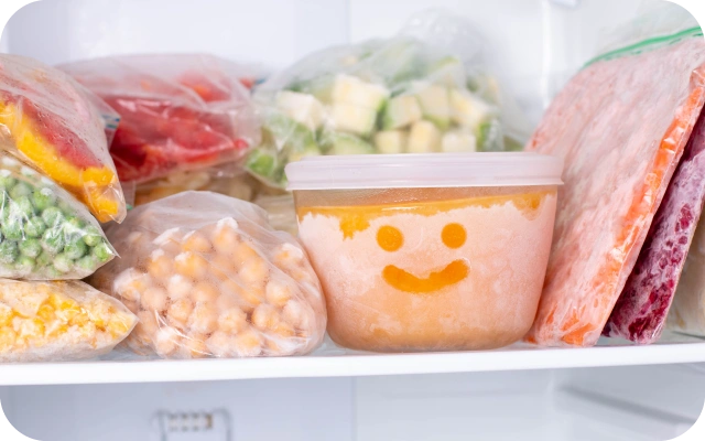 Saldētavas plaukts ar dažādiem saldētiem produktiem plastmasas iepakojumos- zirņi un citi dārzeņi, augļi; centrā trauks ar saldētu ēdienu un smaidošu seju uz tā.