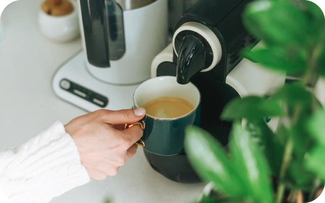 Persona tur krūzi zem kapsulu kafijas automāta iztekas, kamēr tiek gatavota kafija, priekšplānā zaļš telpaugs.
