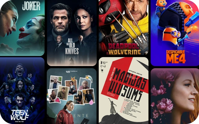 Kolekcija ar deviņiem filmu plakātiem - "Joker", "All the Old Knives", "Deadpool & Wolverine", "Despicable Me 4", "Teen Wolf: The Movie", "Asistente", "Marijas klusums" un "It ends with Us".