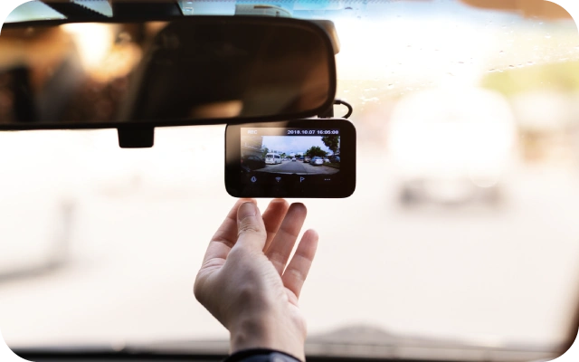 Roka pielāgo automašīnas videoreģistratoru, kas piestiprināts pie priekšējā stikla un rāda ceļa videoierakstu ar datumu un laiku.