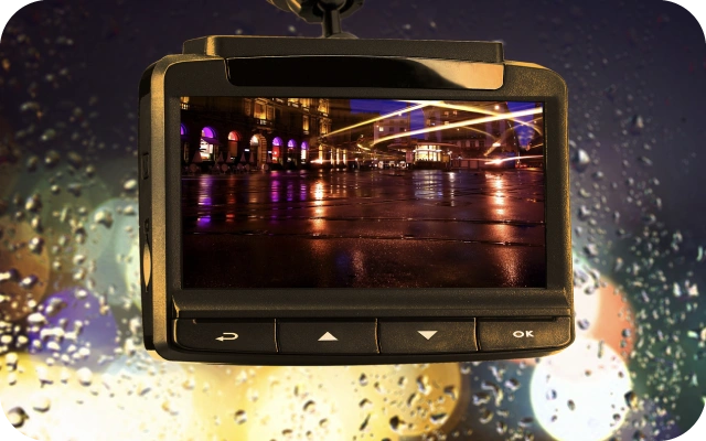 Automašīnas videoreģistrators ar ekrānu, kurā redzama nakts pilsētas ainava ar ielu apgaismojumu, slapju ceļu un gaismas atspīdumiem.