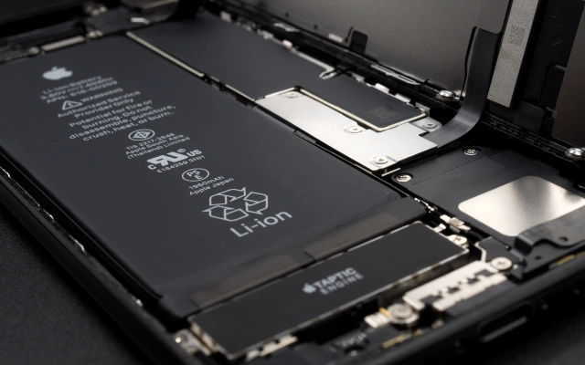Mobilā telefona iekšpuse ar Apple litija jonu akumulatoru, komponentēm un drošības marķējumiem.