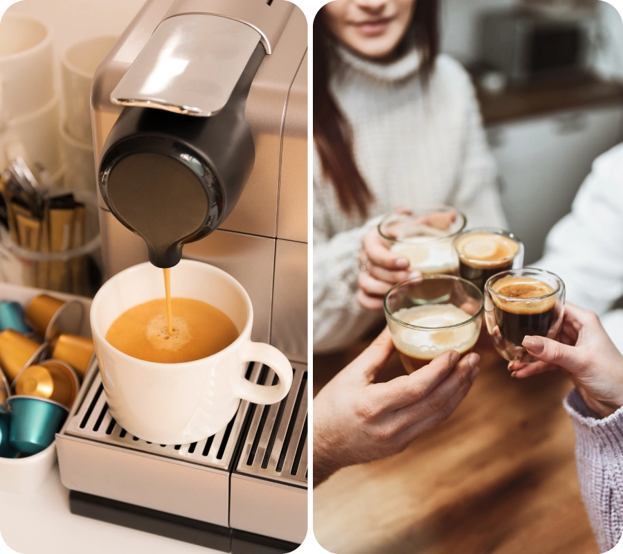 Kreisajā pusē kafijas automāts gatavo kafiju baltā krūzē, blakus ir krāsainas kafijas kapsulas; labajā pusē četras rokas šķindina stikla krūzītes ar dažādiem kafijas dzērieniem.