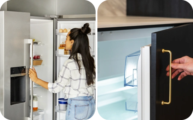 Kolāžas kreisajā pusē sieviete ver vaļā divdurvju ledusskapi ar iebūvētu ūdens dozatoru, kurā ir pārtikas produkti; labajā pusē cilvēka roka, kas ver vaļā nelielu ledusskapi ar zeltainu rokturi.