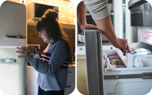 Kolāžas kreisajā pusē sieviete stāv pie atvērta retro stila balta ledusskapja; labajā pusē tuvplāns ar roku, kas atver ledusskapja saldētavas atvilktni ar sasaldētiem pārtikas produktiem.