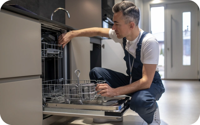 Vīrietis baltā kreklā un zilā kombinezonā tup virtuvē pie atvērtas trauku mazgājamās mašīnas, uzlicis vienu roku uz augšējā groza trauku mazgājamā mašīnā un otru roku uz apakšējā groza.