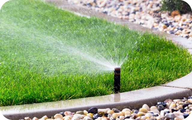 Zāliena laistīšanas smidzinātājs pie betona apmales izsmidzina ūdeni uz zāles; priekšplānā dekoratīvi oļi.