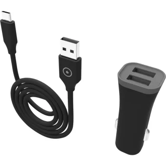 Muvit Car Charger Dual USB 2.4 A and 1 m Type C Cable, Black