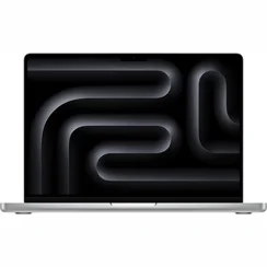 Apple MacBook portatīvais dators sudrabotā krāsā atvērtā stāvoklī uz gaiša fona; ekrānā tumšs abstrakts dizains ar plūstošām, cauruļveida formām pelēkos toņos, displeja mala ar centrā izvietotu kameras izgriezumu un skārienpaliktņa zona zem klaviatūras..
